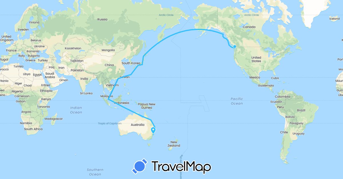 TravelMap itinerary: plane, boat in Australia, Canada, China, Japan, Singapore, United States, Vietnam (Asia, North America, Oceania)